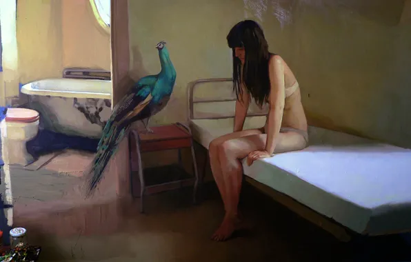 Sadness, girl, room, picture, parrot, bath, apartment, the toilet