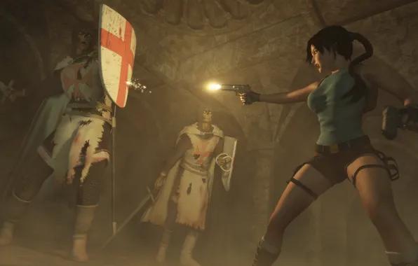 Guns, sword, Tomb Raider, shield, the crusaders, art, Lara Croft, fan