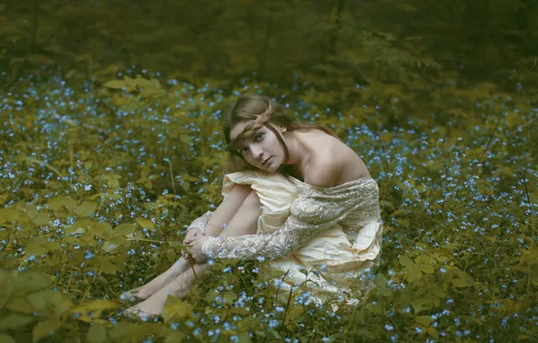 Greens, summer, look, leaves, girl, flowers, nature, pose