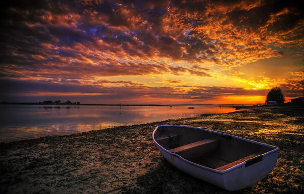 The sky, sunset, river, shore, boat, treatment, glow