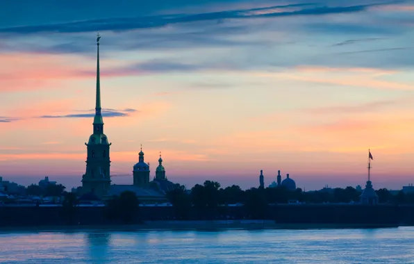 The sky, clouds, trees, sunset, the city, river, tower, the evening