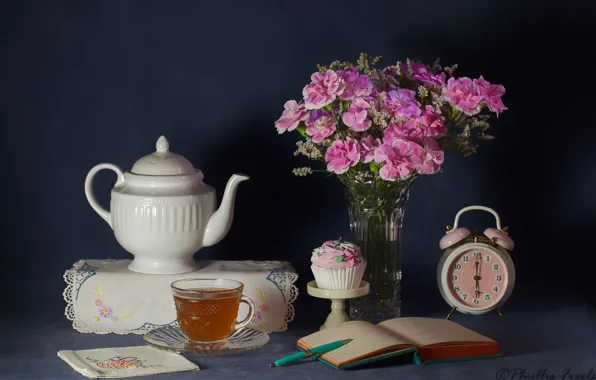 Flowers, style, background, tea, kettle, alarm clock, still life, napkin