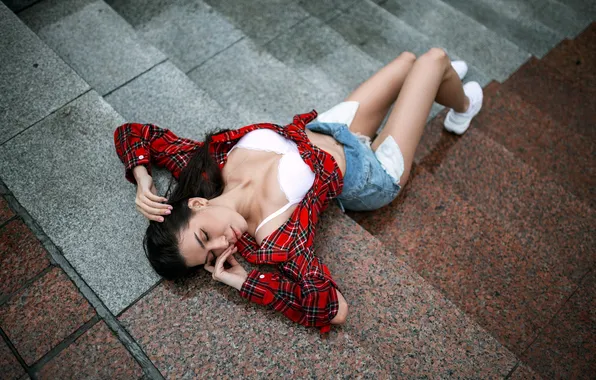 Model, brunette, pose, stair, Vadim Podoprigora