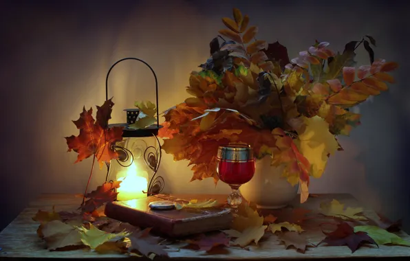 Autumn, leaves, watch, candle, the evening, flashlight, book, still life