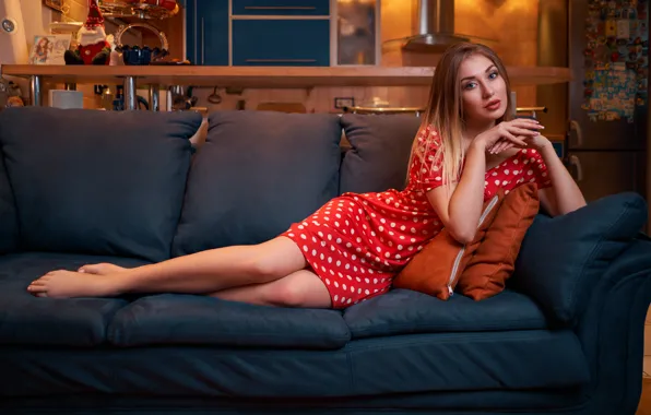 Girl, pose, sofa, pillow, polka dot, legs, red dress, Andrei Filonenko