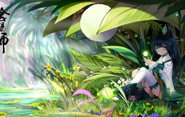 Grass, girl, flowers, fireflies, anime, art, bba biao