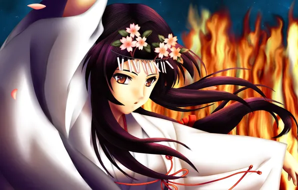 Picture look, girl, flowers, fire, yukata, art, chanelqueen17, myself yourself