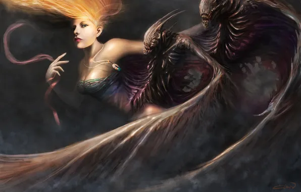 Girl, fiction, wings, art, demons, by_cloudminedesign, dark harpy
