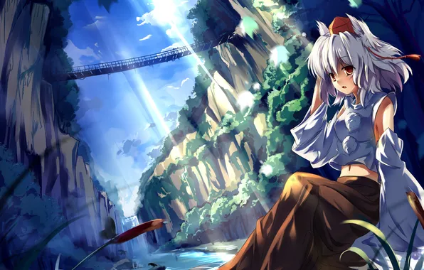 Picture forest, girl, bridge, nature, river, rocks, touhou, art