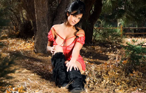 Forest, chest, girl, beauty, red dress, Denise milani