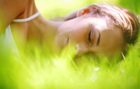 Grass, girl, blonde, bokeh