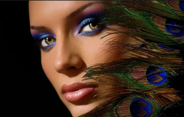 Picture face, glamour, feathers, makeup, peacock