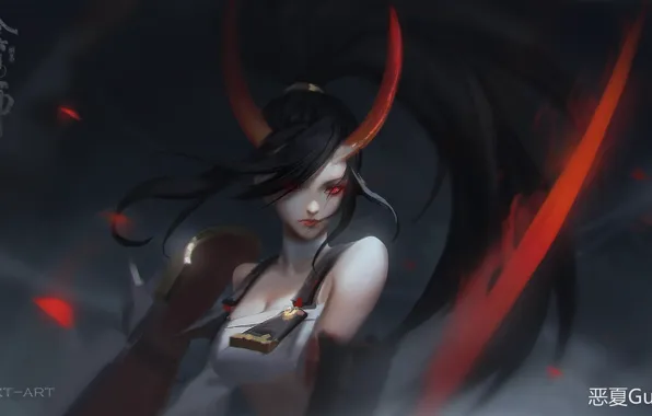 Picture characters, horns, grey background, red eyes, demoness, bangs, youkai, long black hair