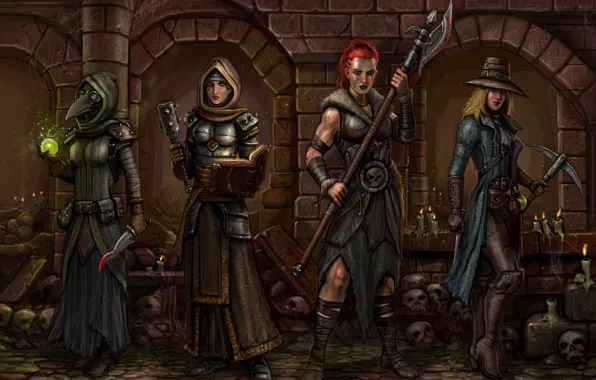 Fiction, girls, mask, dagger, kirk, art, axe, darkest dungeon