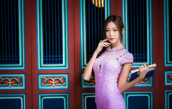 Picture girl, pose, dress, book, Asian