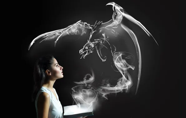 Girl, dragon, book