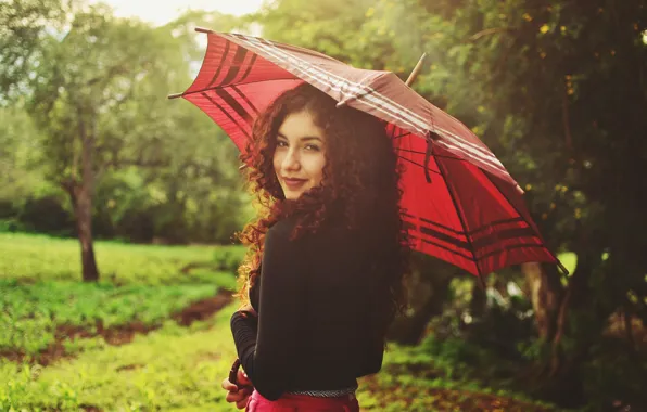 Summer, girl, smile, umbrella, umbrella, curls, curls