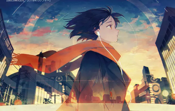 Picture anime, girl, scarf, the city