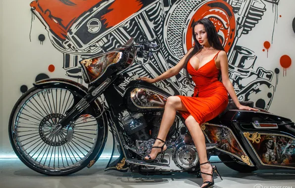 Girl, pose, motorcycle, red dress, Dmitry Filatov