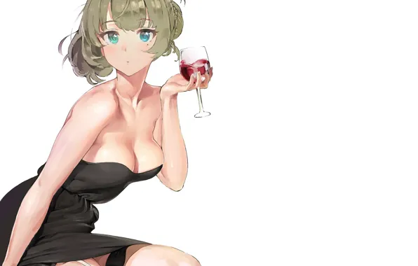 Picture hands, neckline, white background, black dress, bangs, a glass of wine, her grey hair, Idolmaster: …