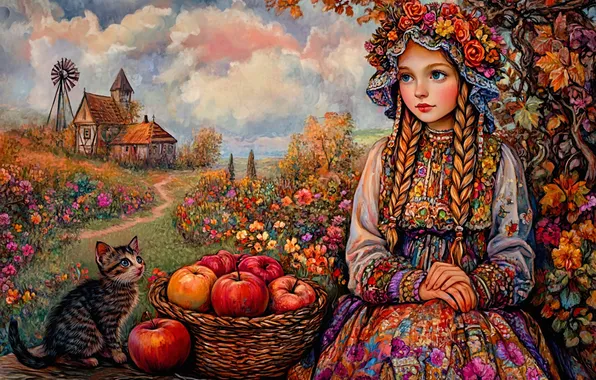 Field, autumn, cat, summer, cat, leaves, clouds, flowers