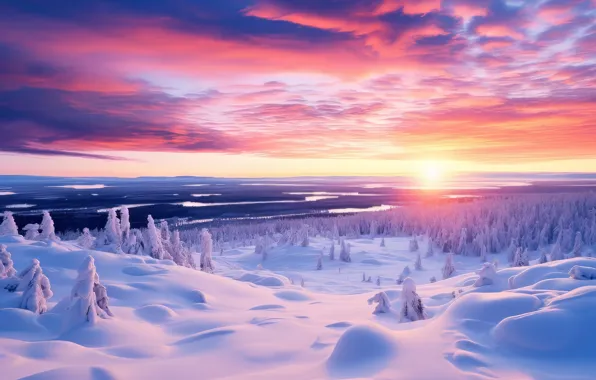 Winter, forest, the sky, the sun, clouds, light, snow, sunset