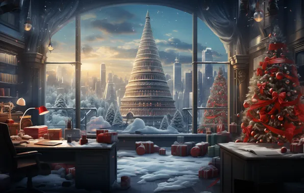 Winter, snow, the city, table, holiday, view, tower, skyscrapers