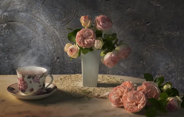 Flowers, table, tea, roses, bouquet, Cup, still life