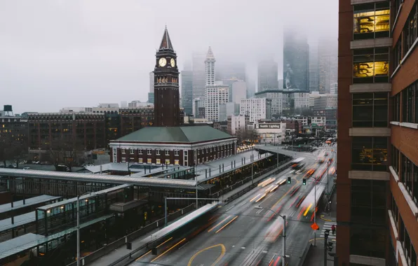 King st. station, America, 4th street, clock tower, morning, seattle, United States, fog