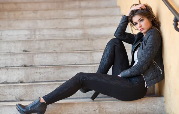Girl, pose, makeup, figure, jacket, hairstyle, ladder, shoes