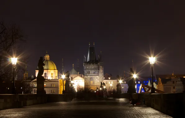 Night, lights, tower, Prague, Czech Republic, Charles bridge