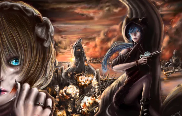 Weapons, flame, building, vocaloid, hatsune miku, kagamine len