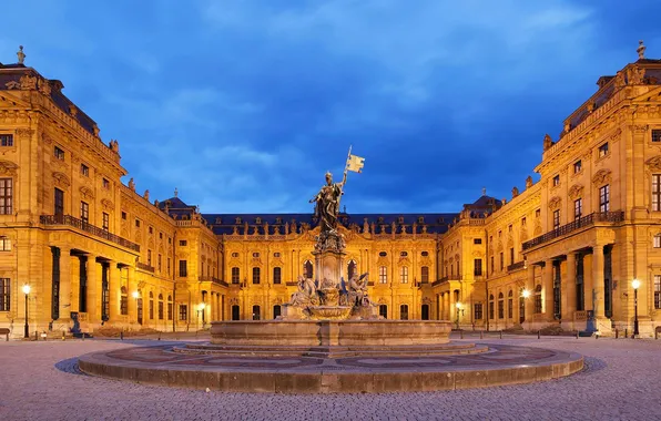 Picture night, Germany, Bayern, area, fountain, sculpture, Würzburg, Frankoniabrunnen