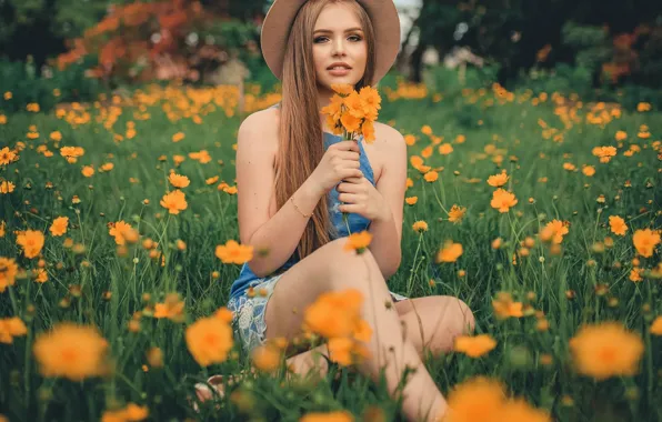 Girl, flowers, nature, hat, meadow, brown hair, a bunch