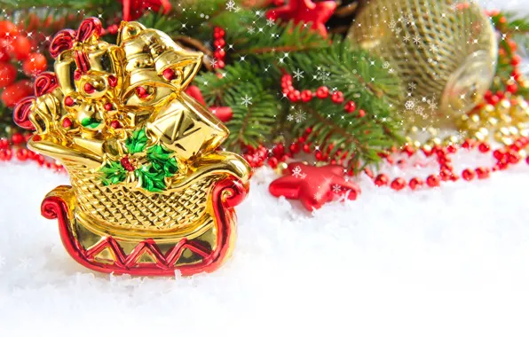 Snow, berries, gifts, stars, tree, gold plated, sleigh, Christmas decorations