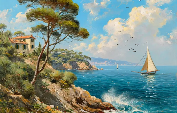 Sea, tree, shore, boat, sailboat, picture, house, painting
