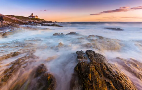 Stones, the ocean, shore, lighthouse, morning
