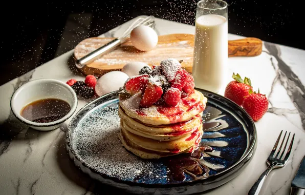 Berries, milk, pancakes
