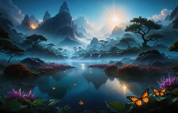 Picture butterfly, mountains, night, nature, lake, beauty, nature, night