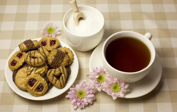 Picture flowers, tea, cookies, Cup, sugar, saucer