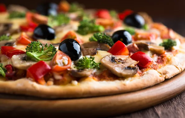 Picture mushrooms, cheese, pizza, tomatoes, parsley, dish, olives