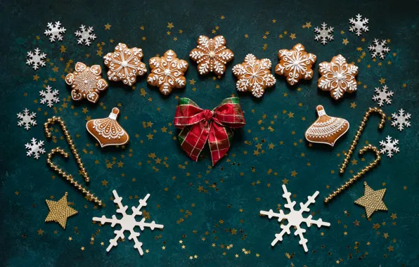 Snowflakes, Christmas, New year, bow, gingerbread