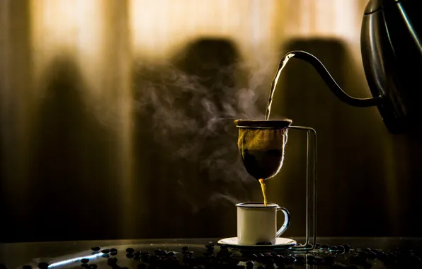 Light, the dark background, table, black, coffee, hot, couples, mug