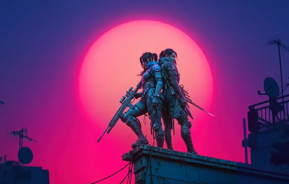 Cyberpunk, women, assassins, girls with guns, illustration, sniper rifle, standing, rooftops