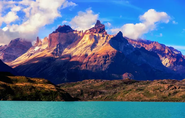 The sky, clouds, mountains, Chile, South America, Lake Pehoé, national Park Torres del Paine
