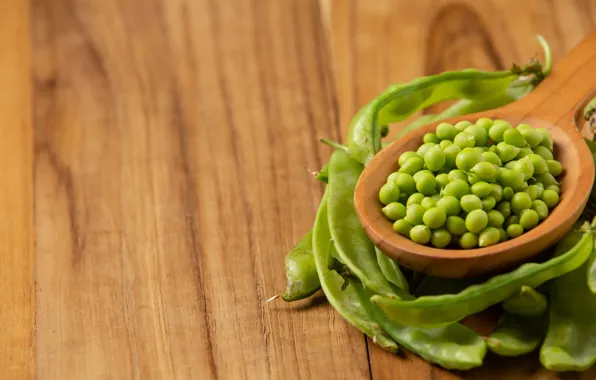 Board, peas, spoon, wooden, young, bokeh, pods, fresh