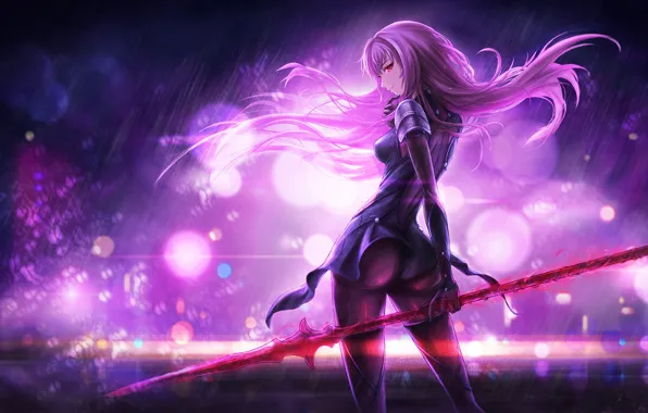 Picture girl, lights, weapons, magic, anime, art, spear, fate/grand order