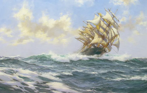 Sea, wave, clouds, ship, sailboat, Montague Dawson