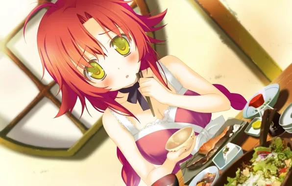 Yellow eyes, Japanese cuisine, red hair, visual novel, at the table, Irotoridori from Sekai, chopsticks, …