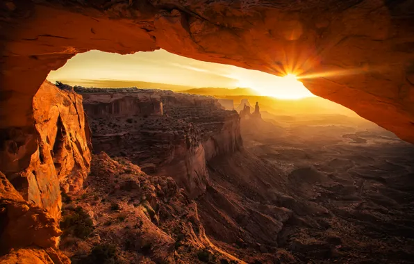 The sun, rays, sunset, mountains, nature, canyon, cave, USA